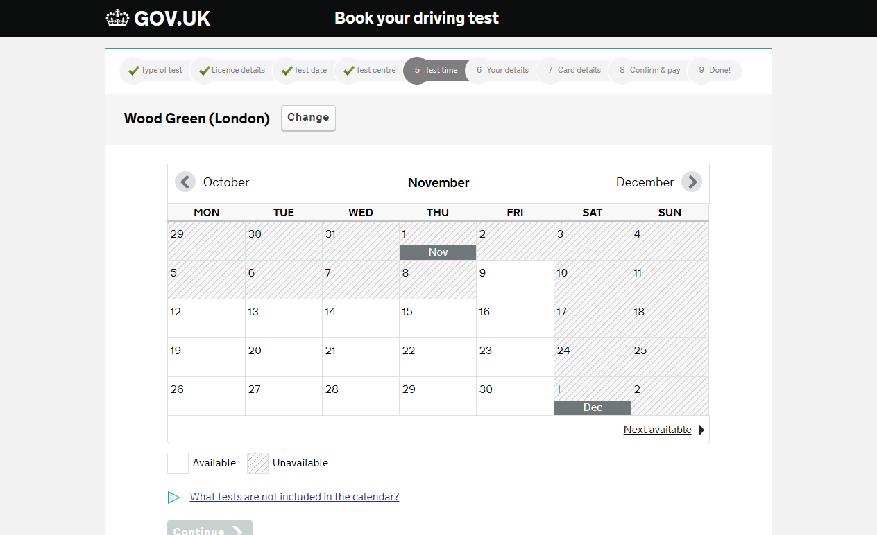 The test date availability calendar page on the DVSA booking website