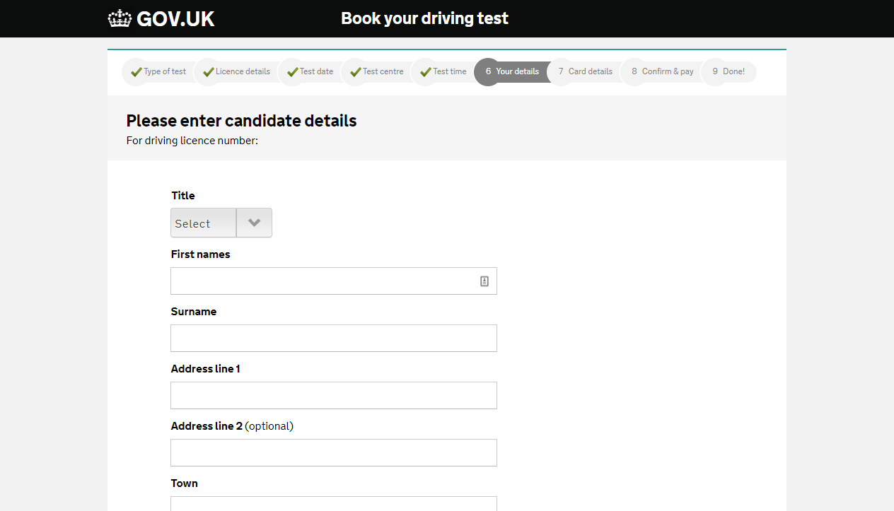The candidate details page on the DVSA booking website