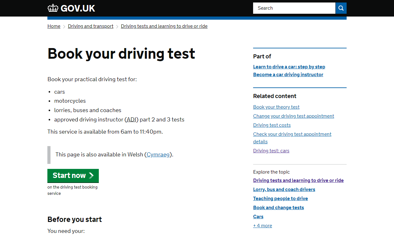 The Book your driving test page on the GOV.UK website