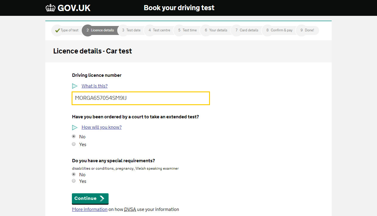 The driving licence details page on the DVSA booking website