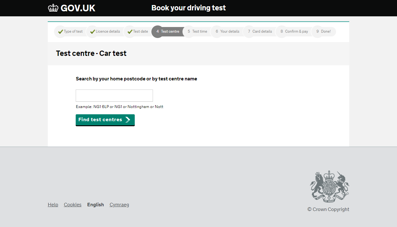 The test centre search page on the DVSA booking website