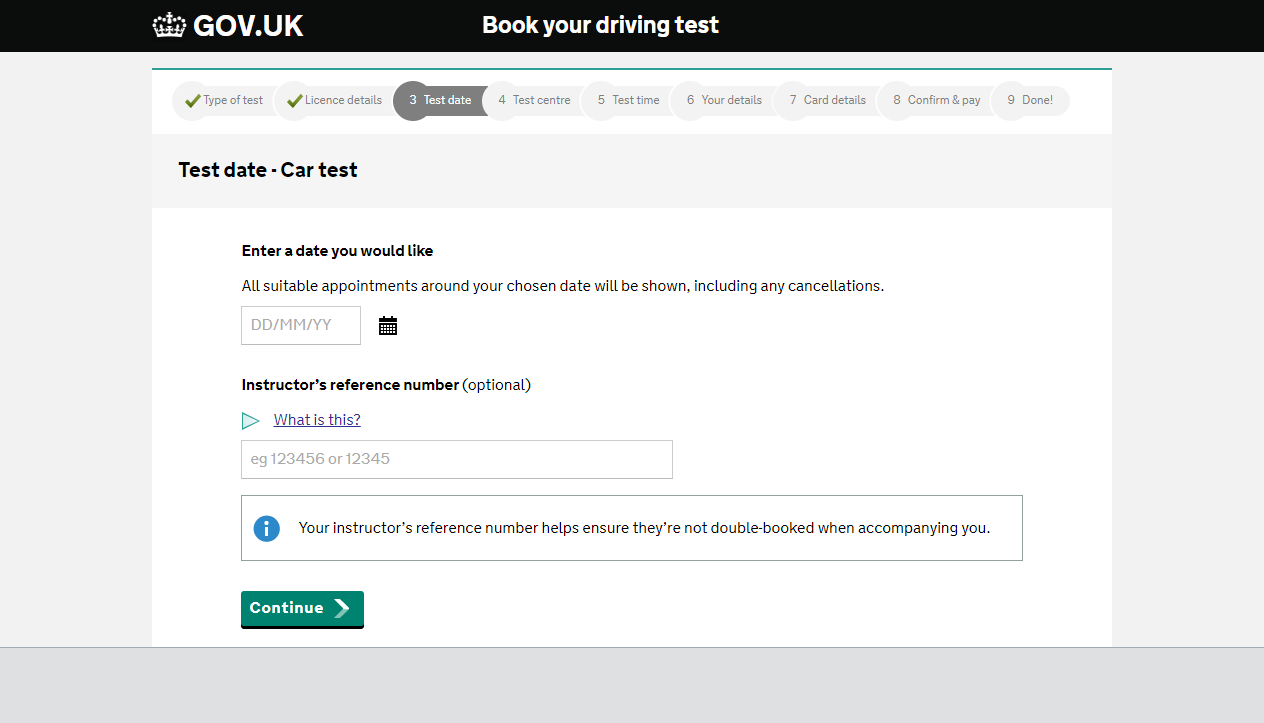The Test date search page on the DVSA booking website