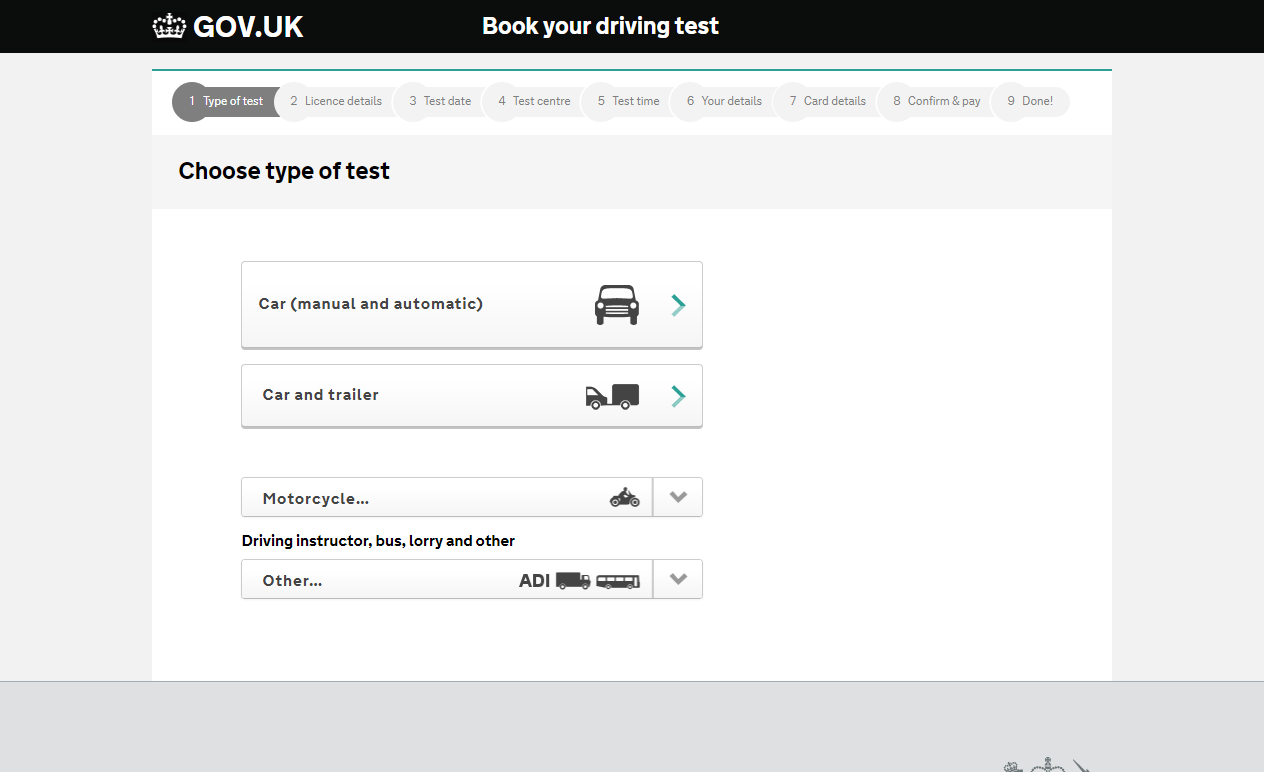 The test type selection page on the DVSA booking website